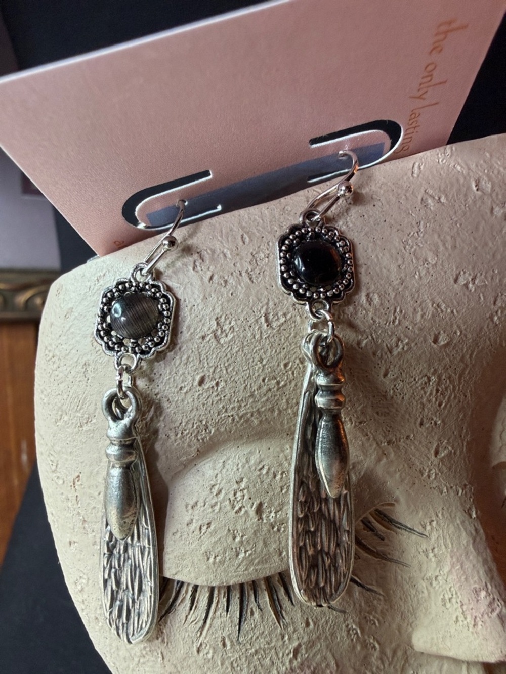 Silver-Tone Wing Drop Earrings with Black rhineStone